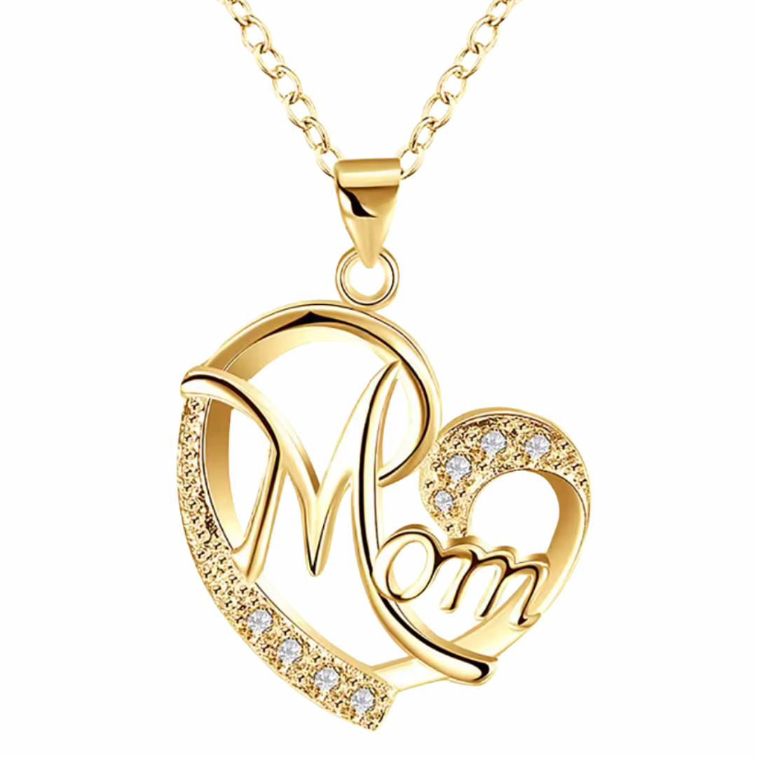 Mom Heart Pendant Necklace Gold Plated Link Chain Cubic Zirconia Romantic 1358