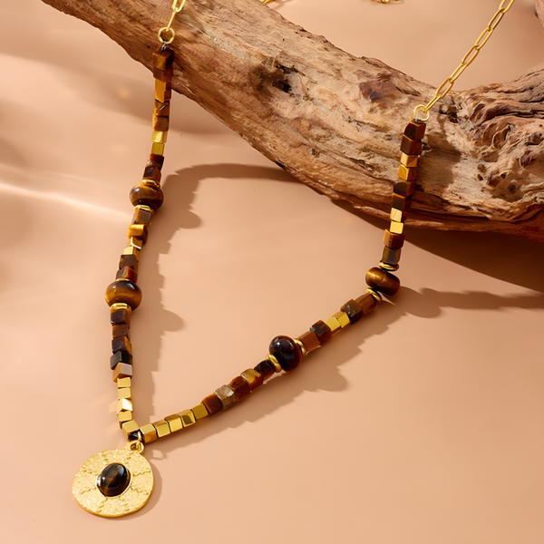316L Gold Tone Tiger Eye Beaded Pendant Necklace Women Round Charm 1708