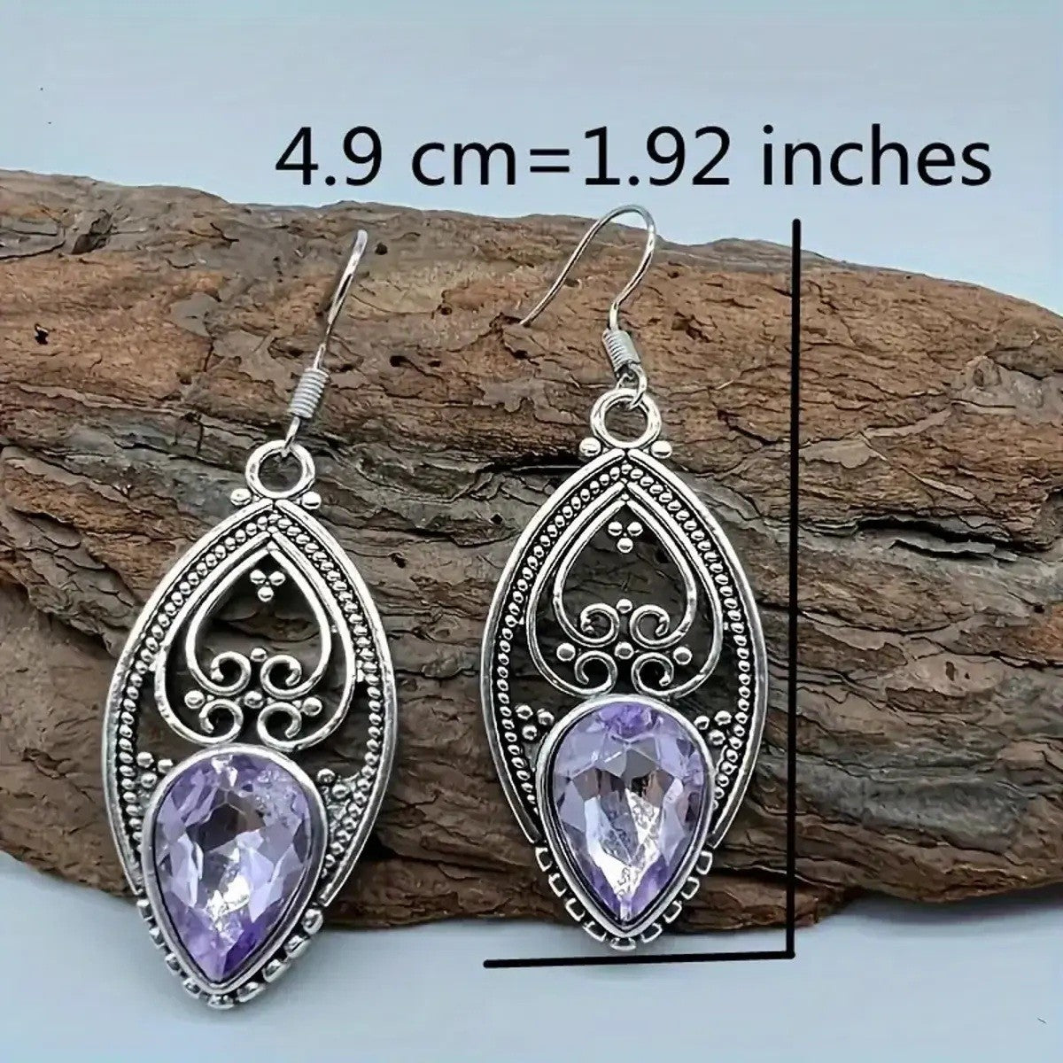 Purple Teardrop Crystal Look Drop Earrings For Women Silver Colour Filigree 1775