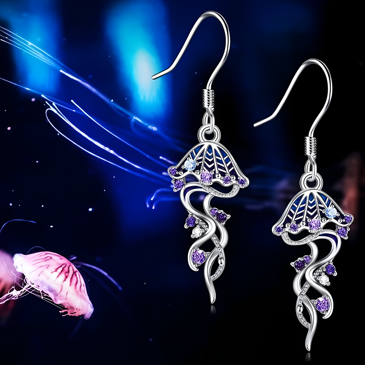 Oceanic Jellyfish Dangle Earrings — Purple Rhinestone & Blue Accent Stones 1432