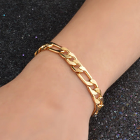 Gold Plated Figaro Chain Bracelet, Classic Link Design, Women's Fashion 421