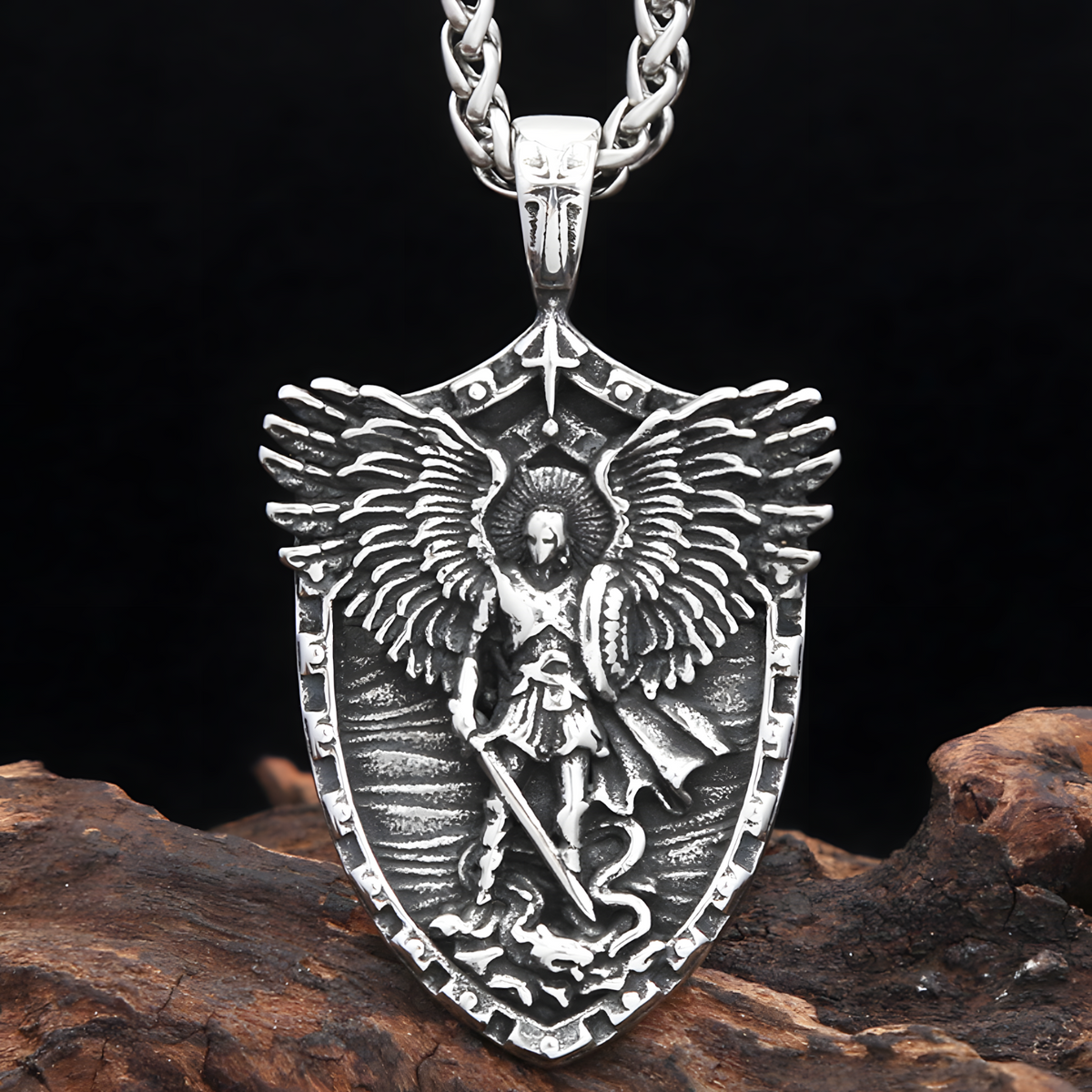 St Michael Angel Wings Shield Pendant Necklace for Men Viking Archangel 1388