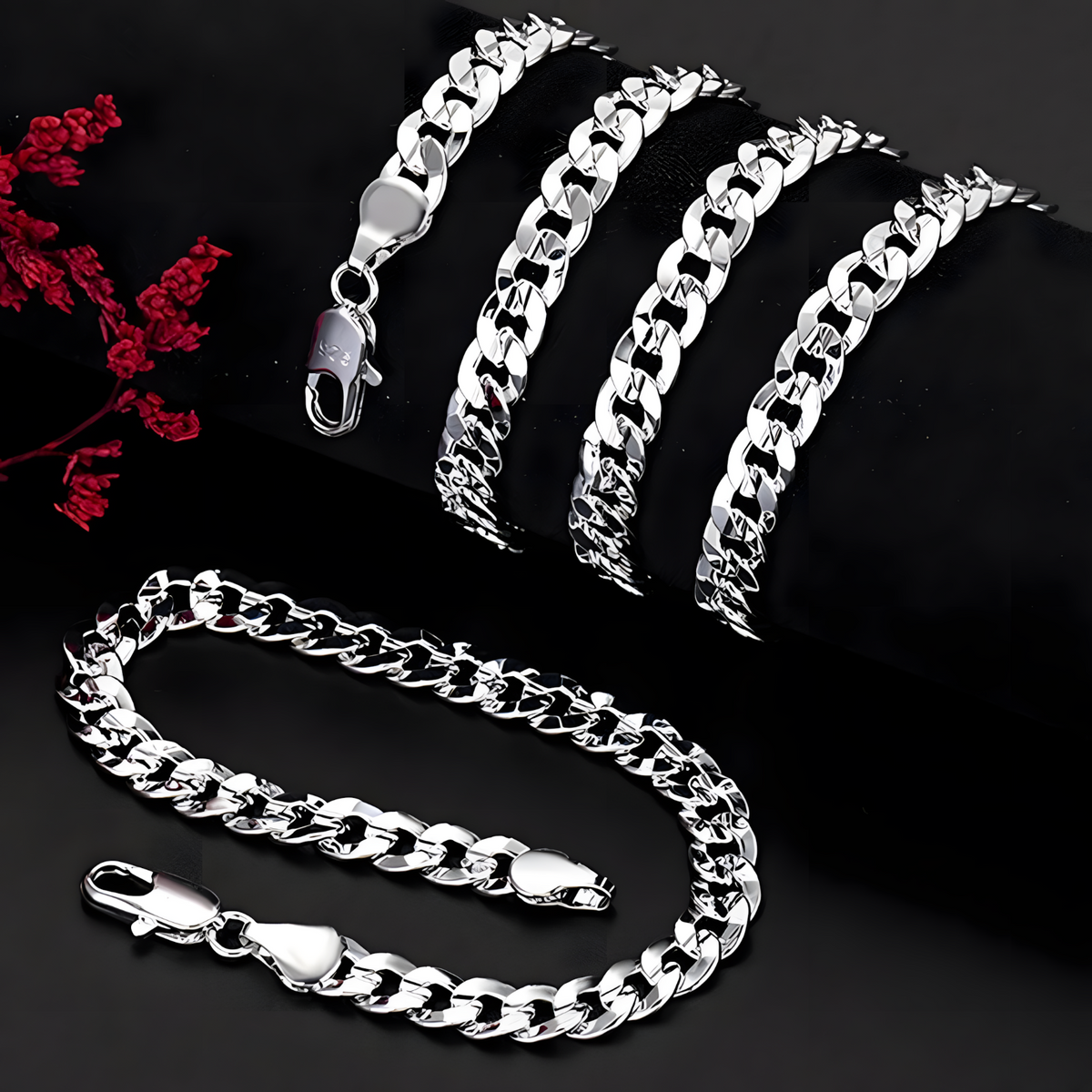 Elegant Sterling Silver Braided Link Chain Bracelet and Necklace Set Classic 429