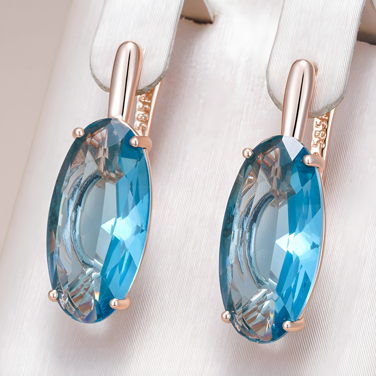 585 Rose Gold Blue Natural Zircon Oval Drop Earrings for Women, Copper Base 1287