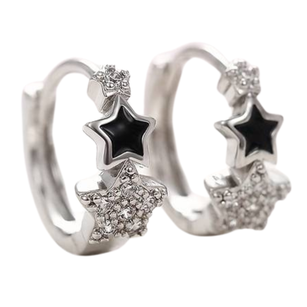 Silver Plated Huggie Hoop Earrings with Black Enamel and Cubic Zirconia Star 156