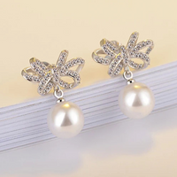 925 Sterling Silver Bow Knot Drop Earrings Pearls - CZ Bow & Pearl Dangle 351
