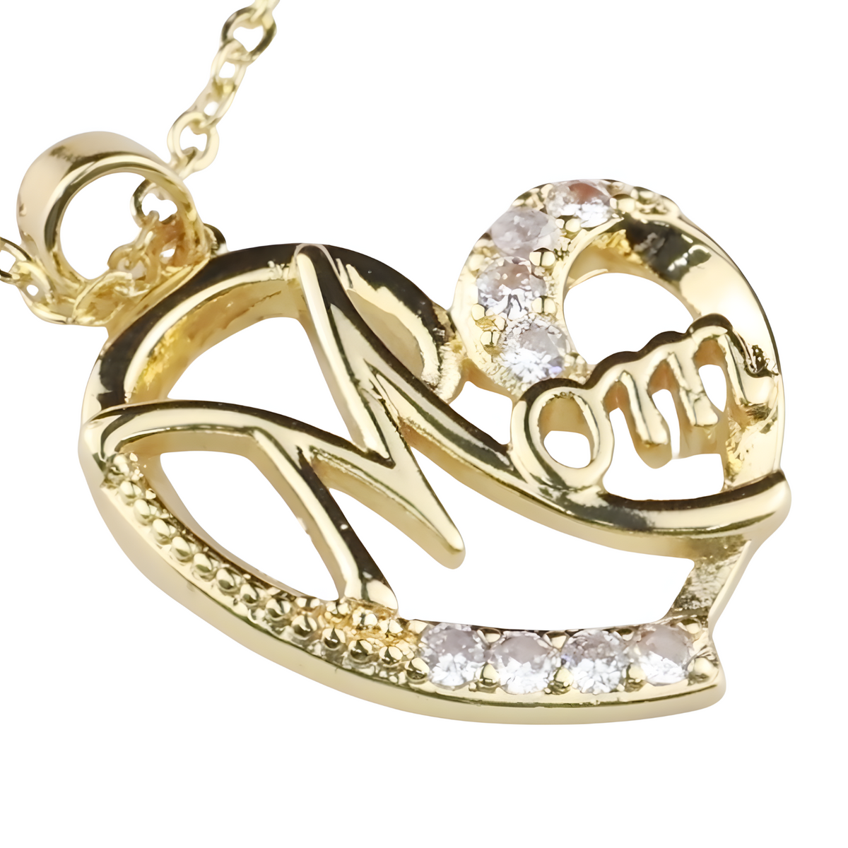 Mom Heart Pendant Necklace Gold Plated Link Chain Cubic Zirconia Romantic 1358