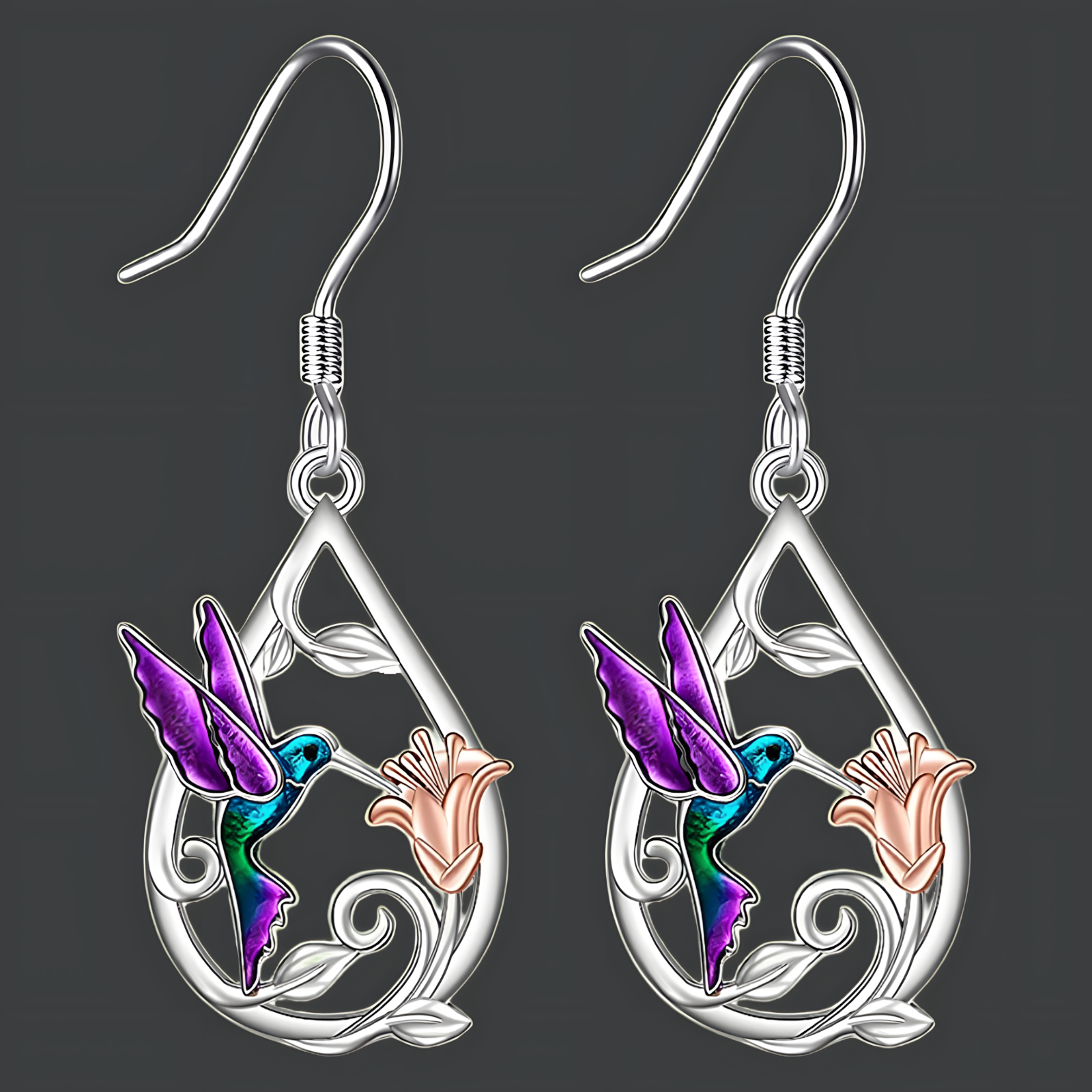 Silver Tone Hummingbird Flower Drop Earrings Vibrant Enamel Dangle Jewellery B10