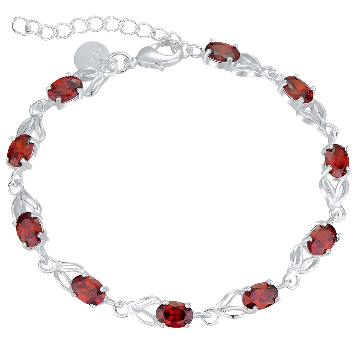 Red Zircon Bracelet, Silver Tone Geometric Charm Bracelet, Adjustable Chain 1742