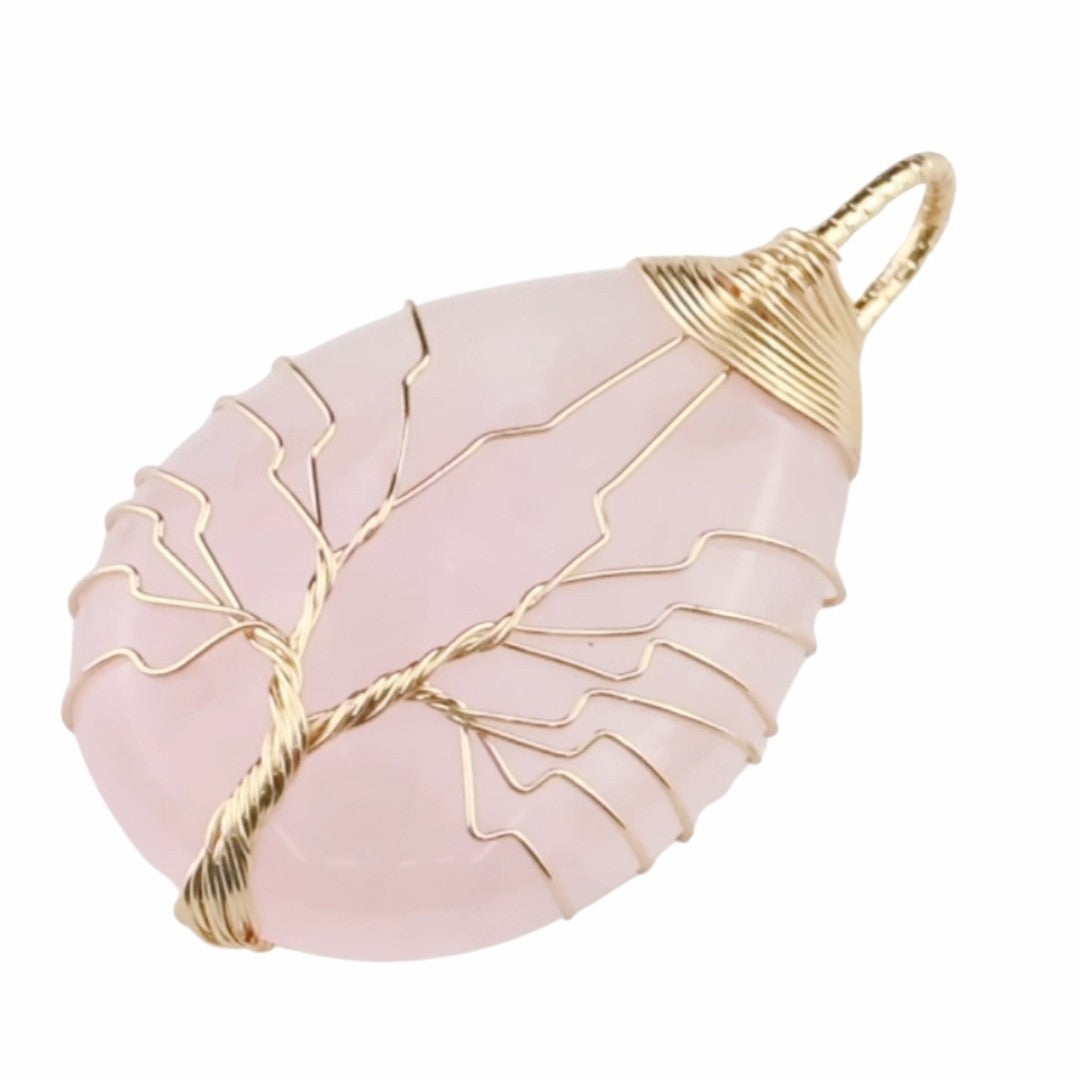 Gold Pink Crystal Tree Of Life Pendant Necklace For Women Oval Gemstone 1343