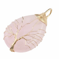 Gold Pink Crystal Tree Of Life Pendant Necklace For Women Oval Gemstone 1343