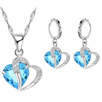 Sky Blue Heart Crystal Necklace and Earrings Set for Women,Aquamarine Color 1302