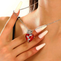 Heart-Rose Pendant Necklace - Faceted Heart Crystal Pendant Rose Accent 1317