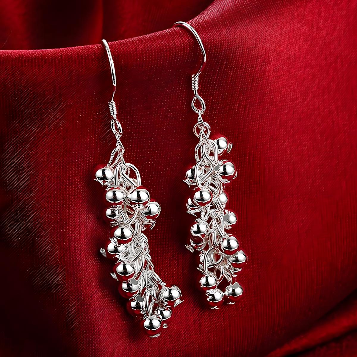 925 Silver-Plated Cluster Bead Drop Earrings for Women – Silver-Tone Copper 1194