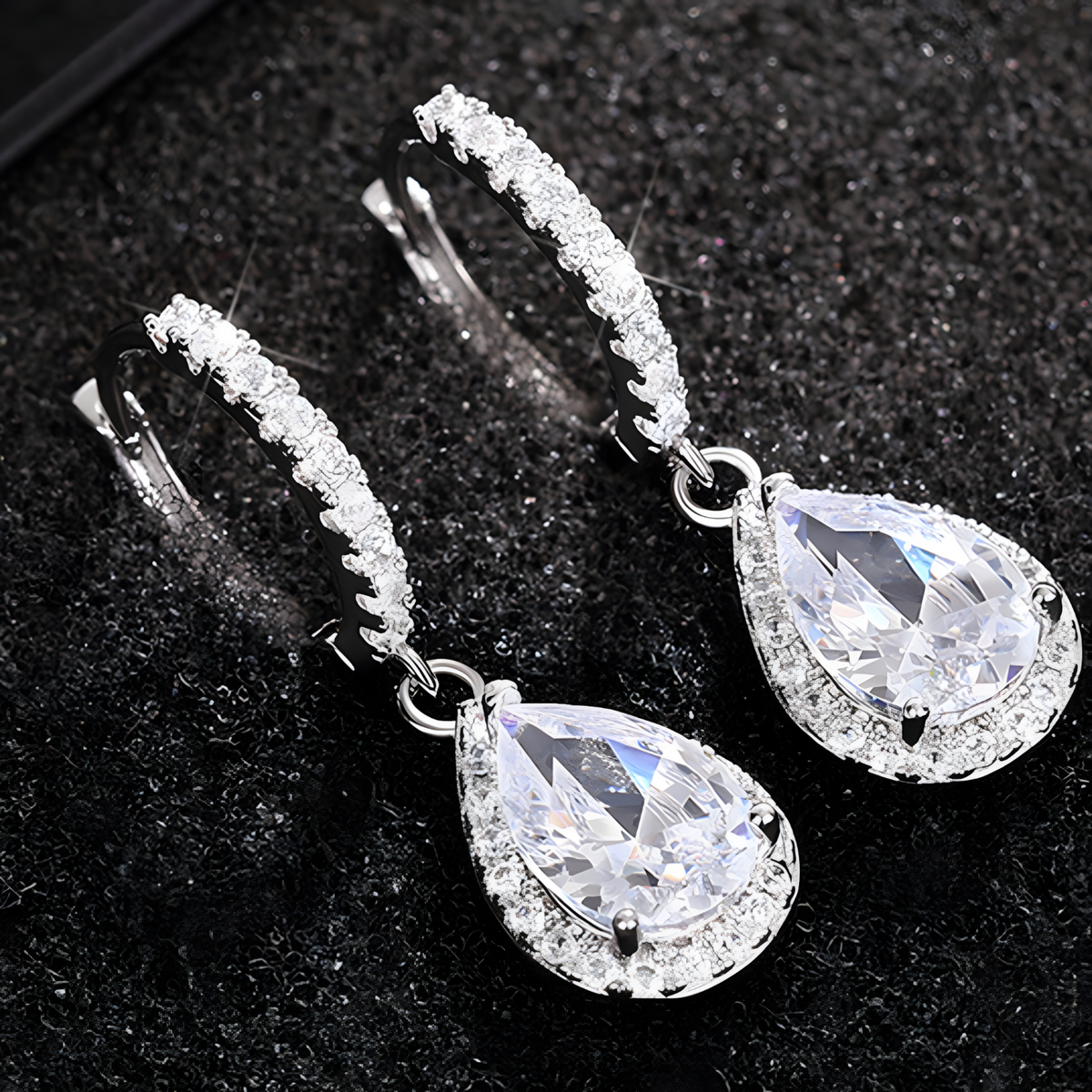 Women’s Rhodium-Plated Alloy Pear Cut Cubic Zirconia Drop Earrings Halo 1445