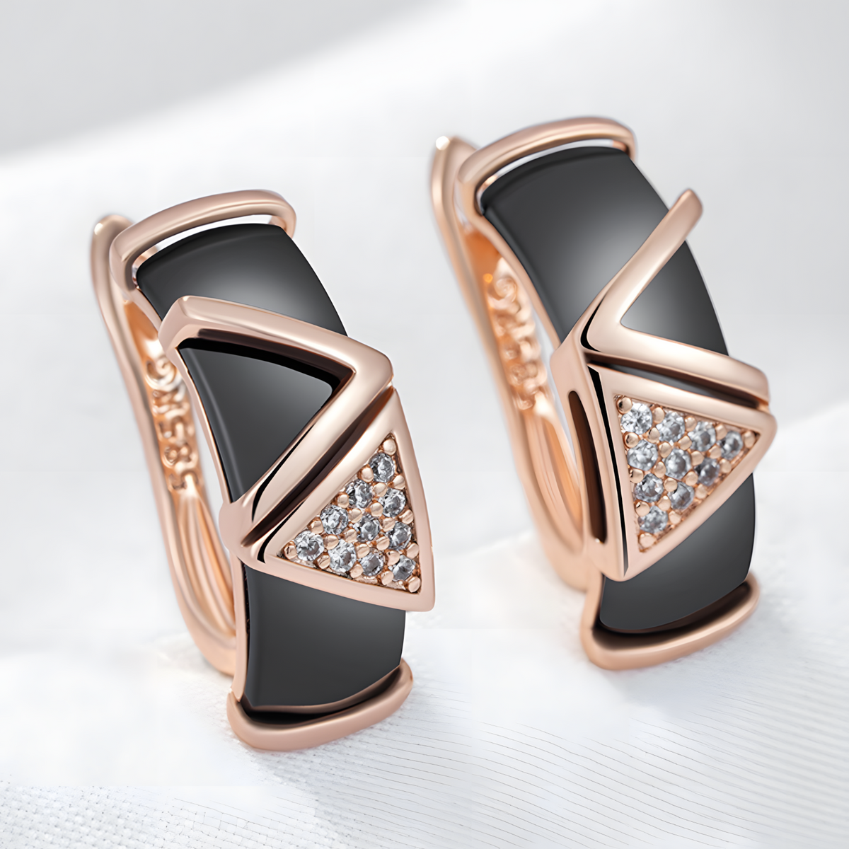 585 Rose Gold Colour Drop Earrings for Women, Copper Metal Black Ceramic 1297