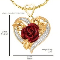 Gold Heart Red Rose Crystal Necklace | Romantic Floral Pendant Gift for Her B13