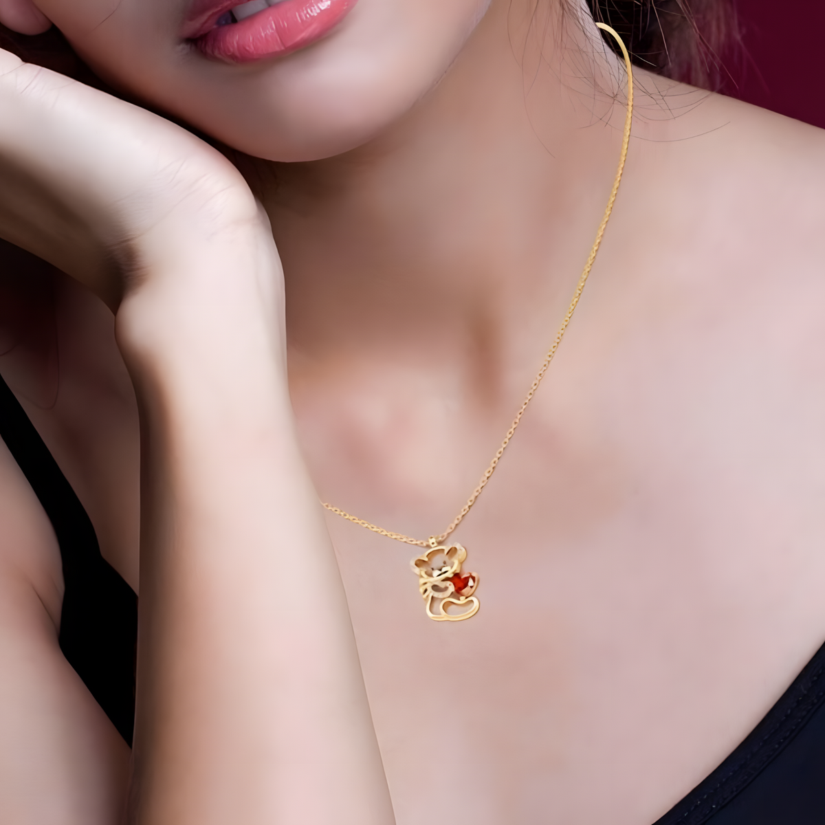 Teddy Bear Heart Necklace Women–Zinc Alloy Gold Colour Outline Bear Pendant 1172