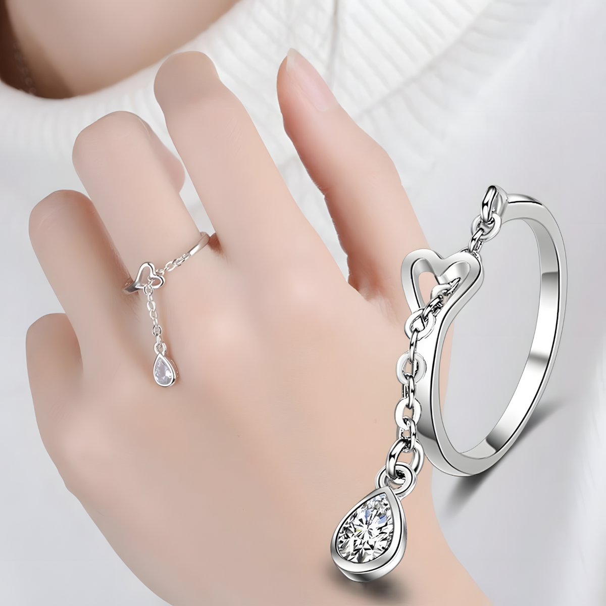 925 Sterling Silver Heart Love Dangle Crystal Adjustable Ring - AAA Zircon 364