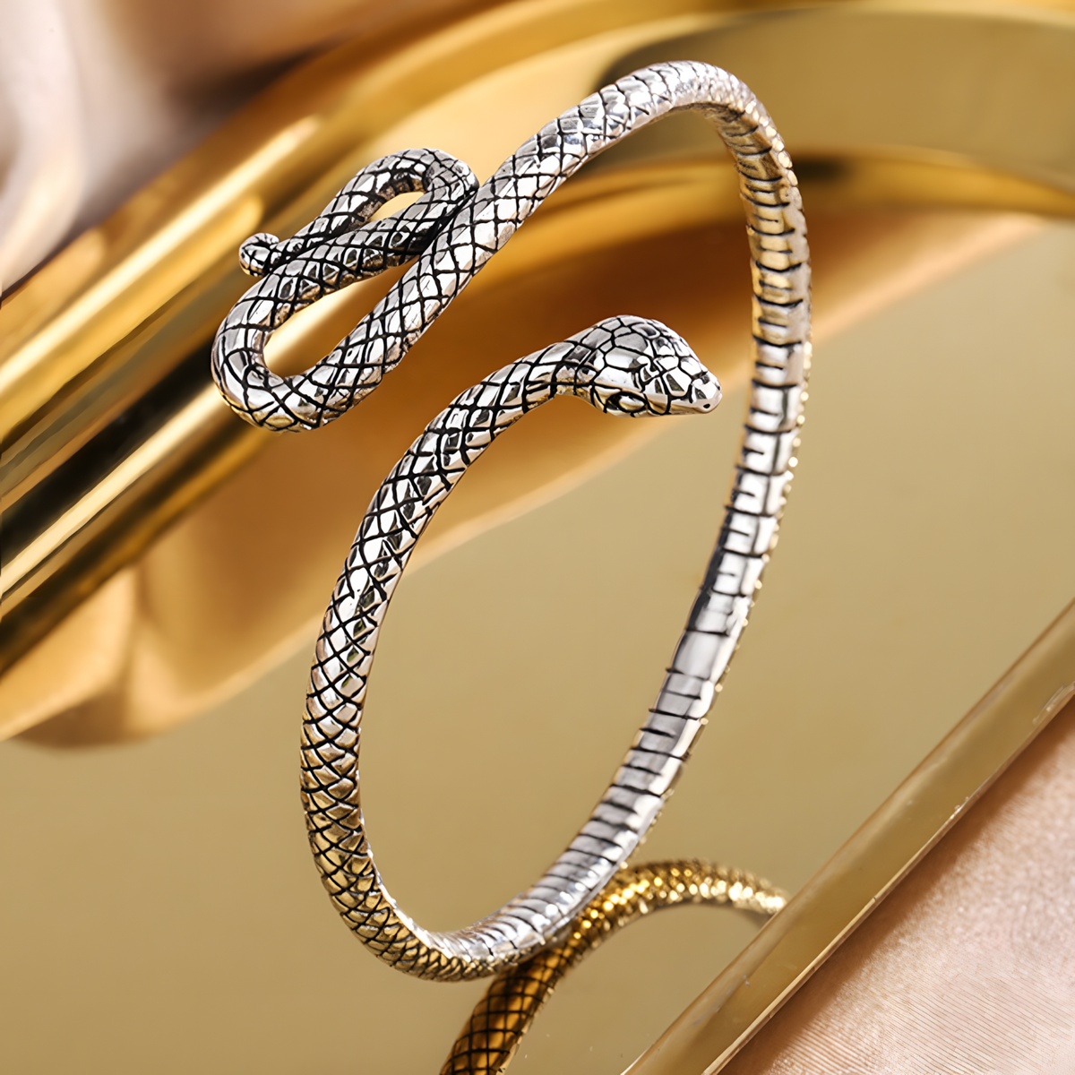 Serpent Open Cuff Bracelet for Women Rhodium-Plated Alloy Snake Head Bangle 1446
