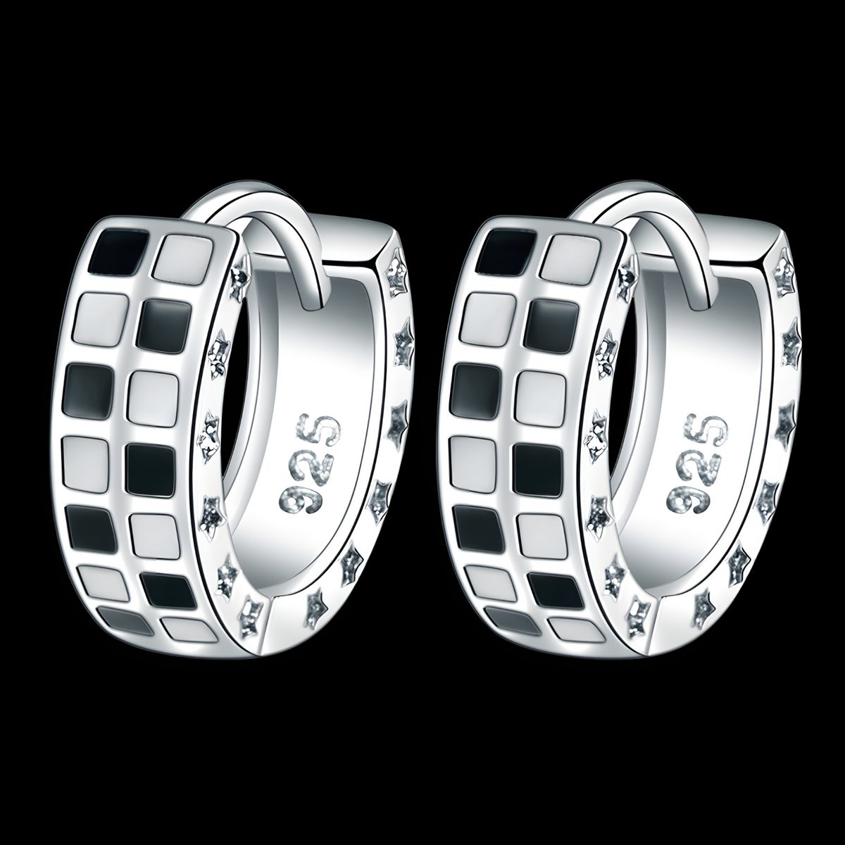 925 Silver-Plated Alloy Hoop Earrings for Women Black and White Enamel Star 1018