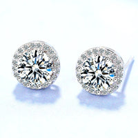 Sterling Silver AAA Zircon Halo Stud Earrings, 10mm Round Brilliant Cut 347