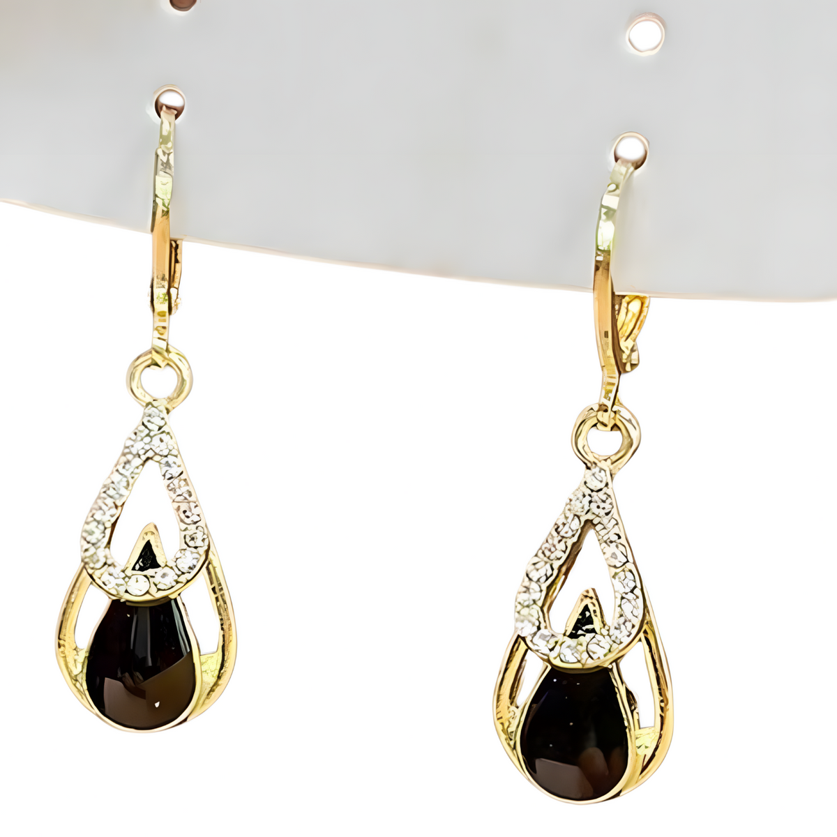Gold Water Drop Dangle Earring Women–Zinc Alloy Teardrop Design Black Stone 1147