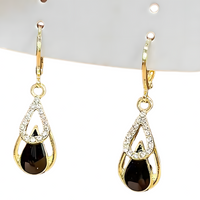 Gold Water Drop Dangle Earring Women–Zinc Alloy Teardrop Design Black Stone 1147