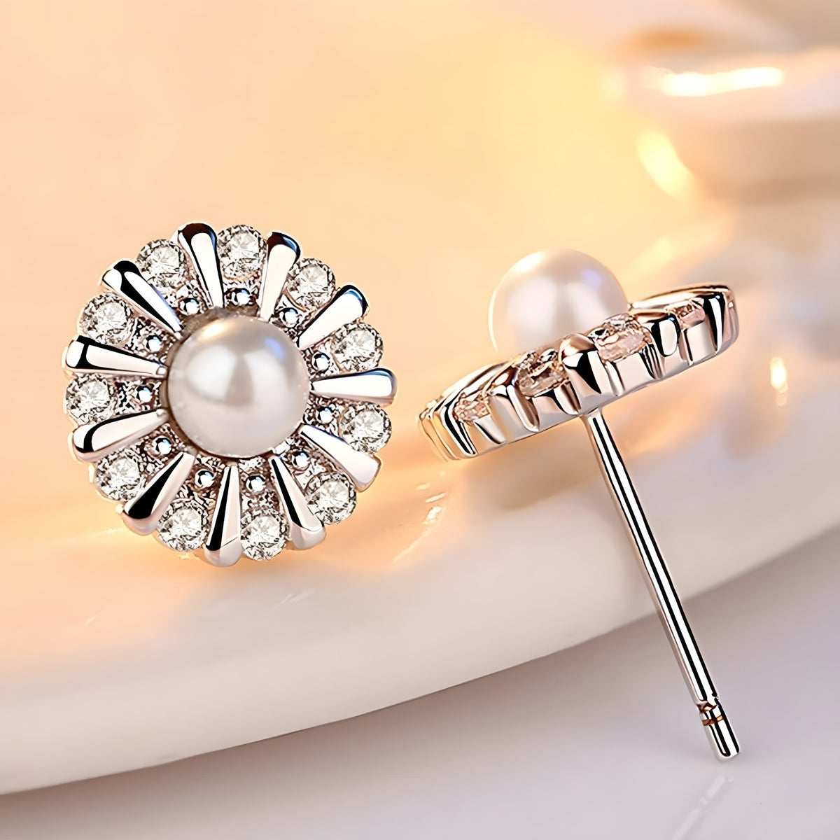 925 Sterling Silver Sunflower Stud Earrings Freshwater Pearl & Cubic Zircon 343