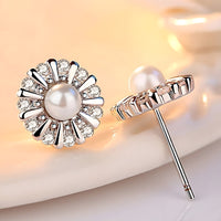 925 Sterling Silver Sunflower Stud Earrings Freshwater Pearl & Cubic Zircon 343