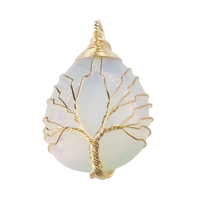 Gold Opal Tree Of Life Pendant Necklace For Women Opalescent Oval Gemstone 1339