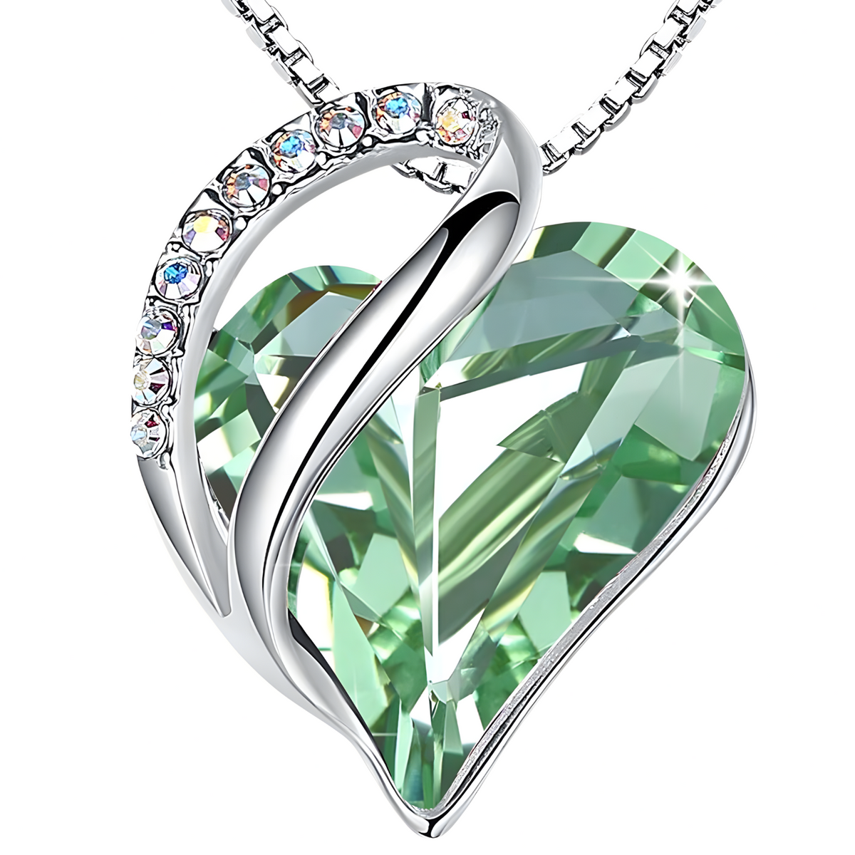 Light Green Crystal Heart Pendant Necklace Women Silver Tone Alloy Necklace B327