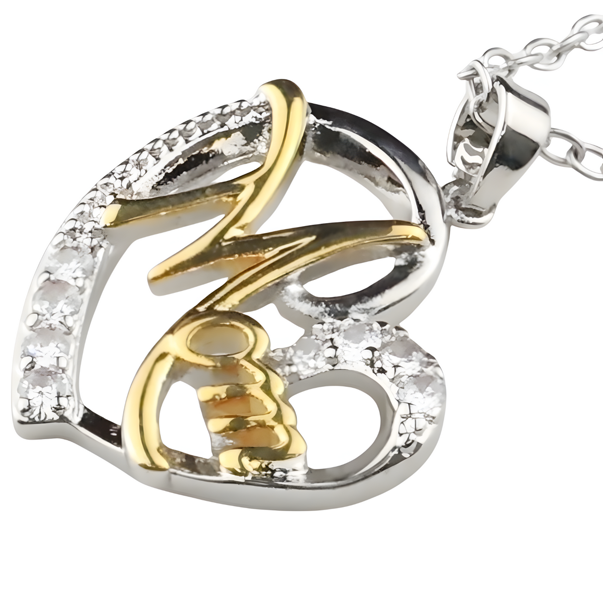 Multi Tone Heart 'Mom' Pendant Necklace -Script 'Mom' Design Cubic Zirconic 1364