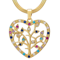 Gold Heart Pendant Necklace with Tree of Life Design, Embellished Crystals 144