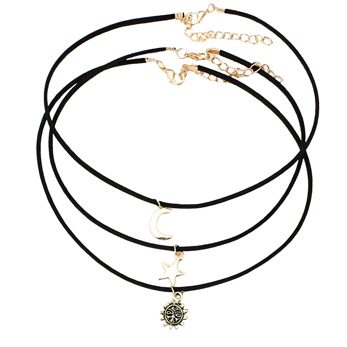 3-Piece Layered Velvet Choker Necklace Women – Moon Star Sun Pendant, Trendy 681