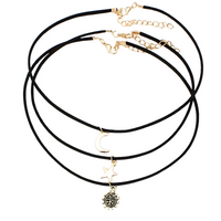 3-Piece Layered Velvet Choker Necklace Women – Moon Star Sun Pendant, Trendy 681