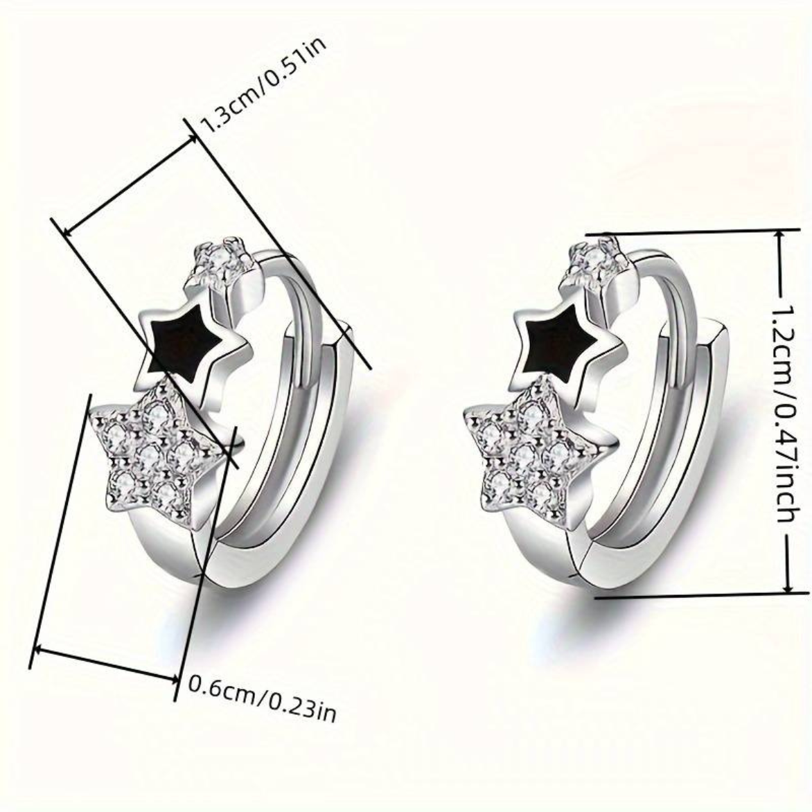 Silver Plated Huggie Hoop Earrings with Black Enamel and Cubic Zirconia Star 156