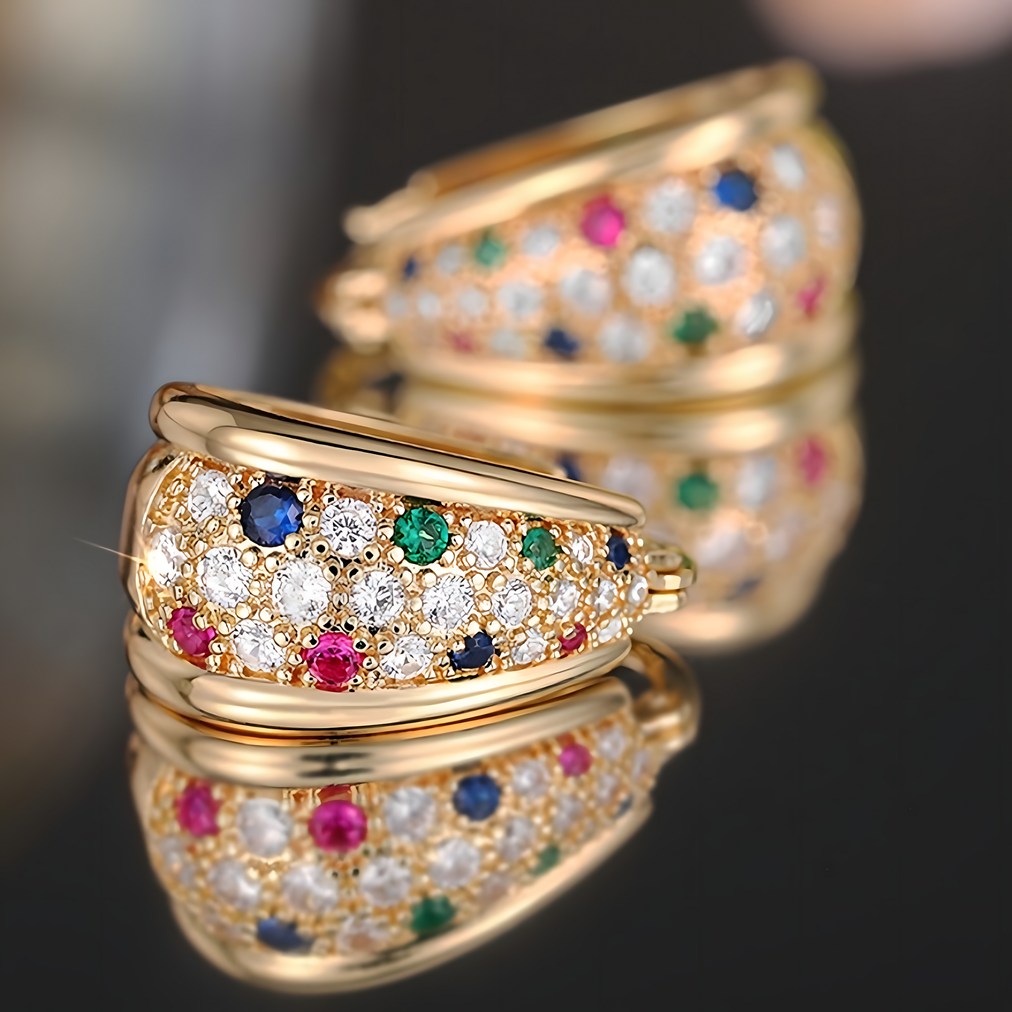 Women's Gold Plated Pavé CZ Cubic Zirconia Multigem Huggie Hoop Earrings - 640