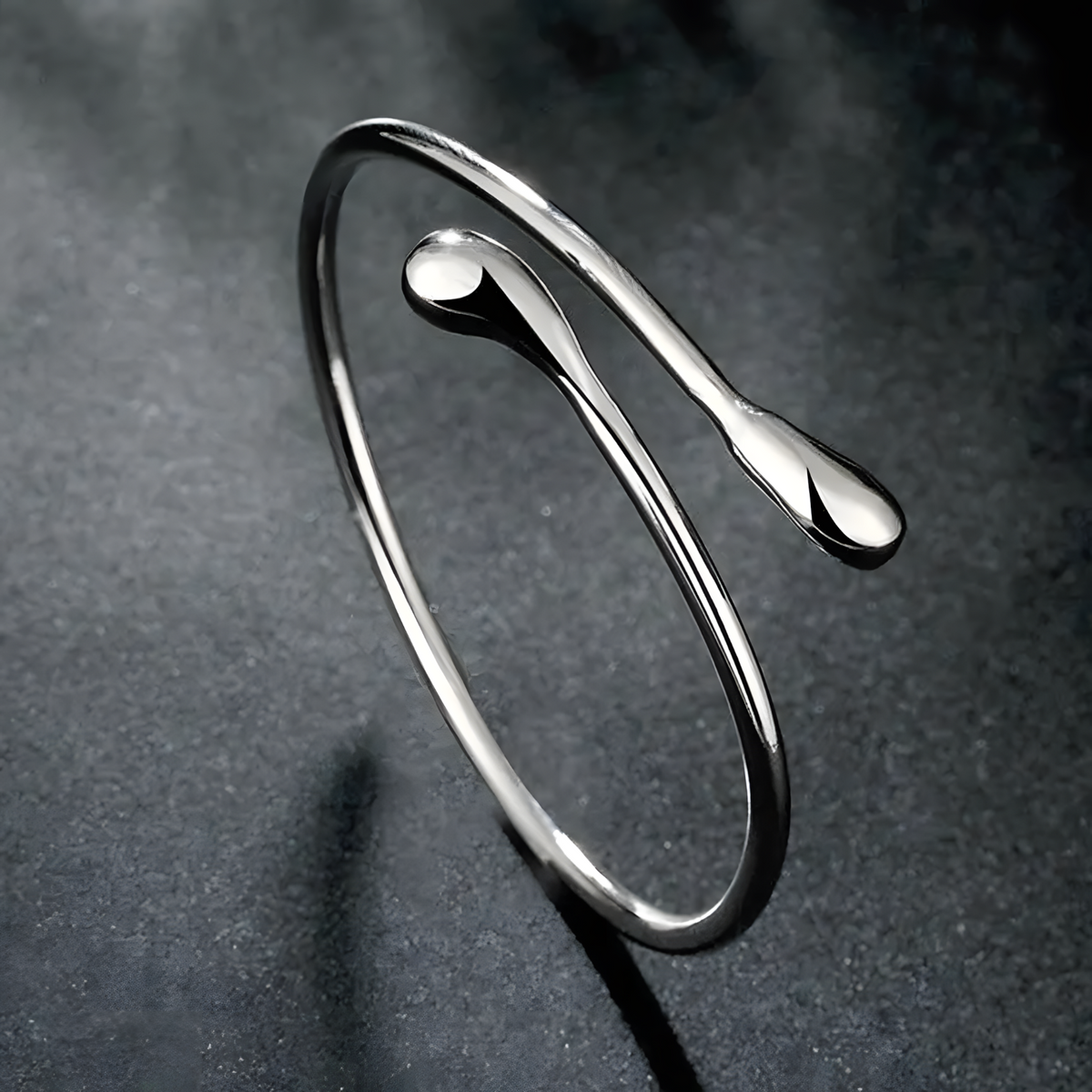 925 Silver-Plated Alloy Open Cuff Bangle Women – Water-Drop Ends, Adjustable 861