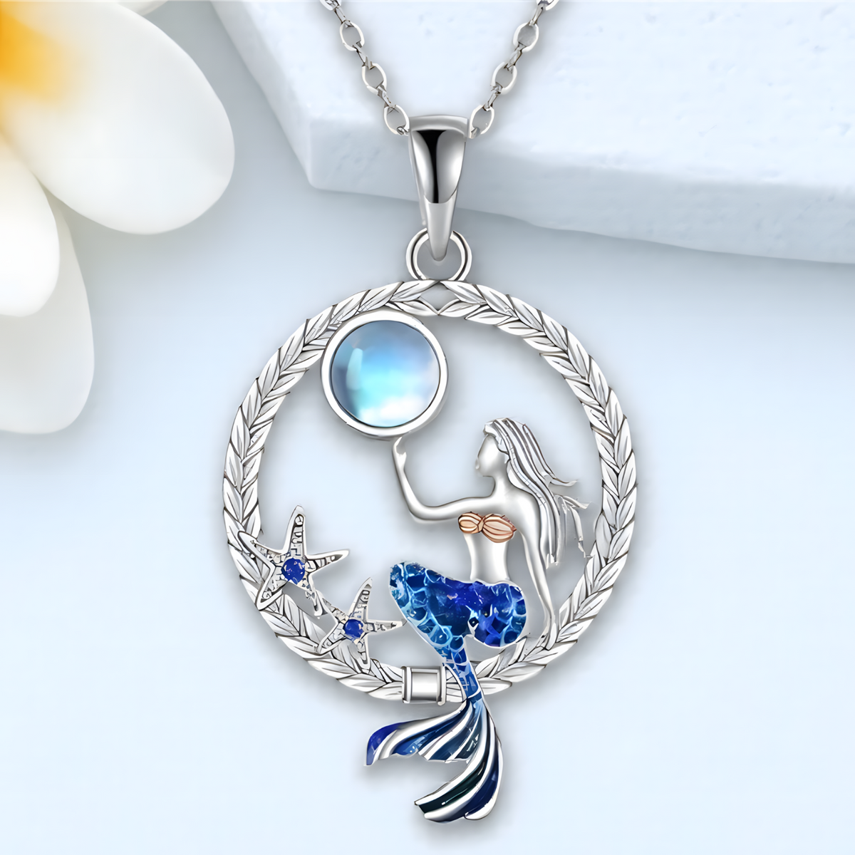 Vintage Mermaid Pendant Necklace Round Locket Crystal Moonstone Ocean Style B165