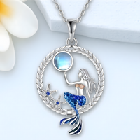 Vintage Mermaid Pendant Necklace Round Locket Crystal Moonstone Ocean Style B165