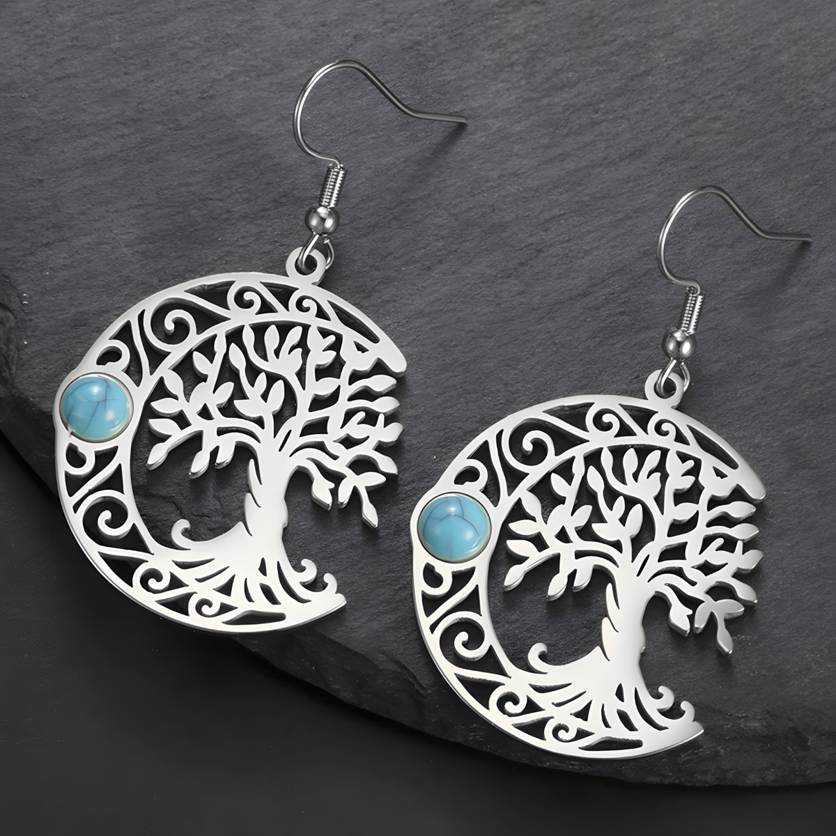 Filigree Tree of Life Dangle Earrings for Women, Crescent Moon Earrings B171