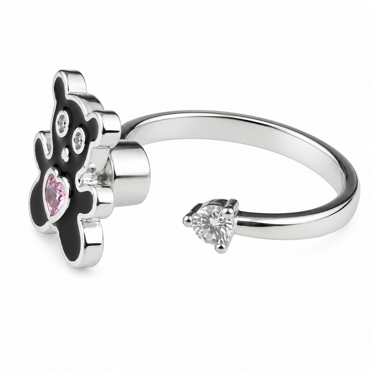 Cute Teddy Bear Open Ring Adjustable Fashion Ring With Pink Heart Crystal 1600