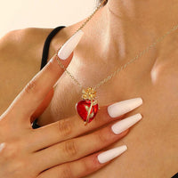 Heart-Rose Pendant Necklace - Faceted Heart Crystal Pendant Rose Accent 1318