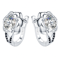 Unified Jewellery Black Spinel Flower Hoop Earrings - Trendy Silver Tone B73