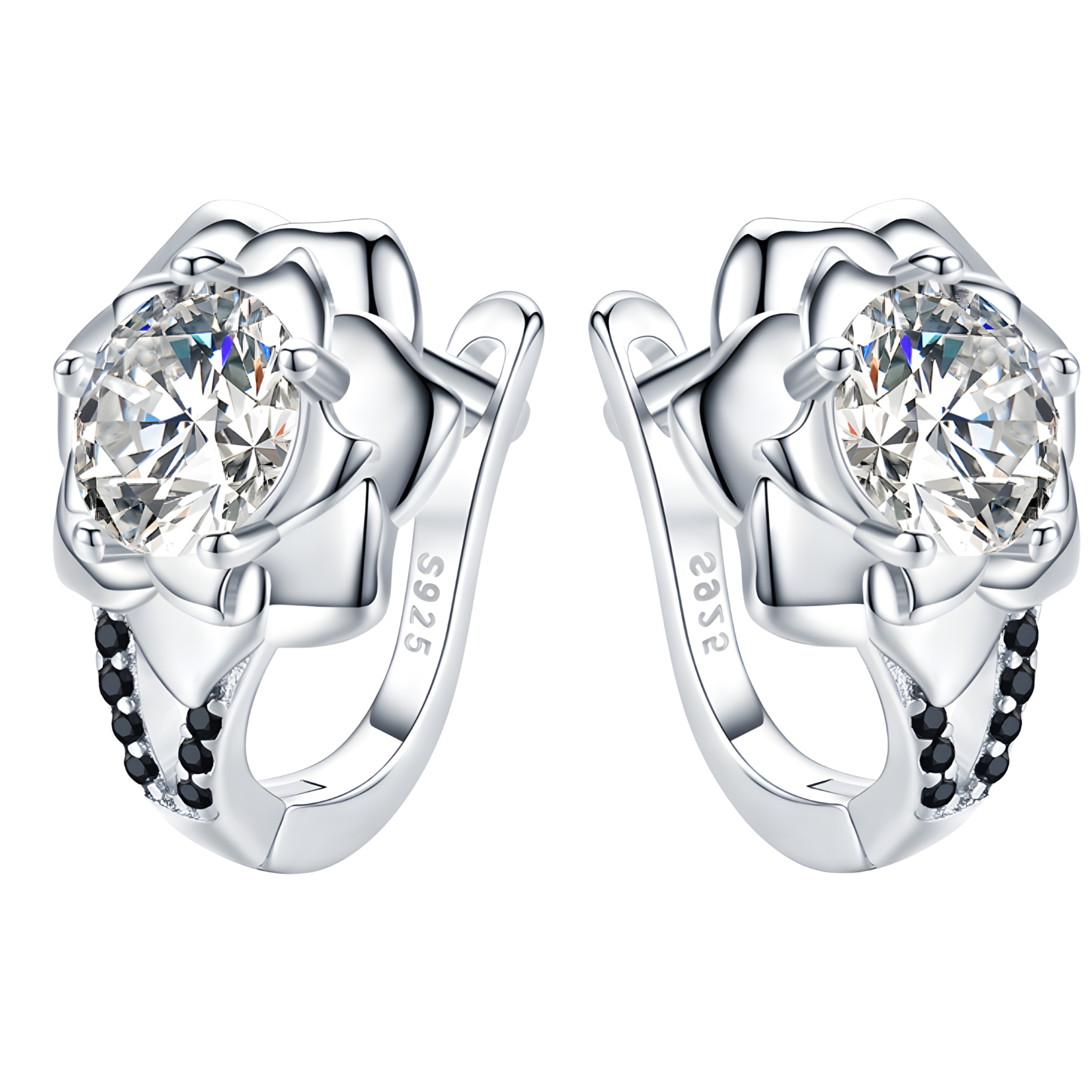 Unified Jewellery Black Spinel Flower Hoop Earrings - Trendy Silver Tone B73