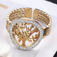 Gold Tree of Life Ring – Adjustable Stainless Steel Open Band Clear Crystal 842