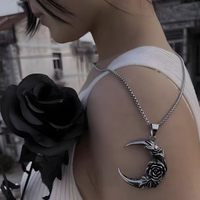 Vintage Crescent Moon Rose Pendant Necklace - Gothic Romantic Moon & Rose 1482