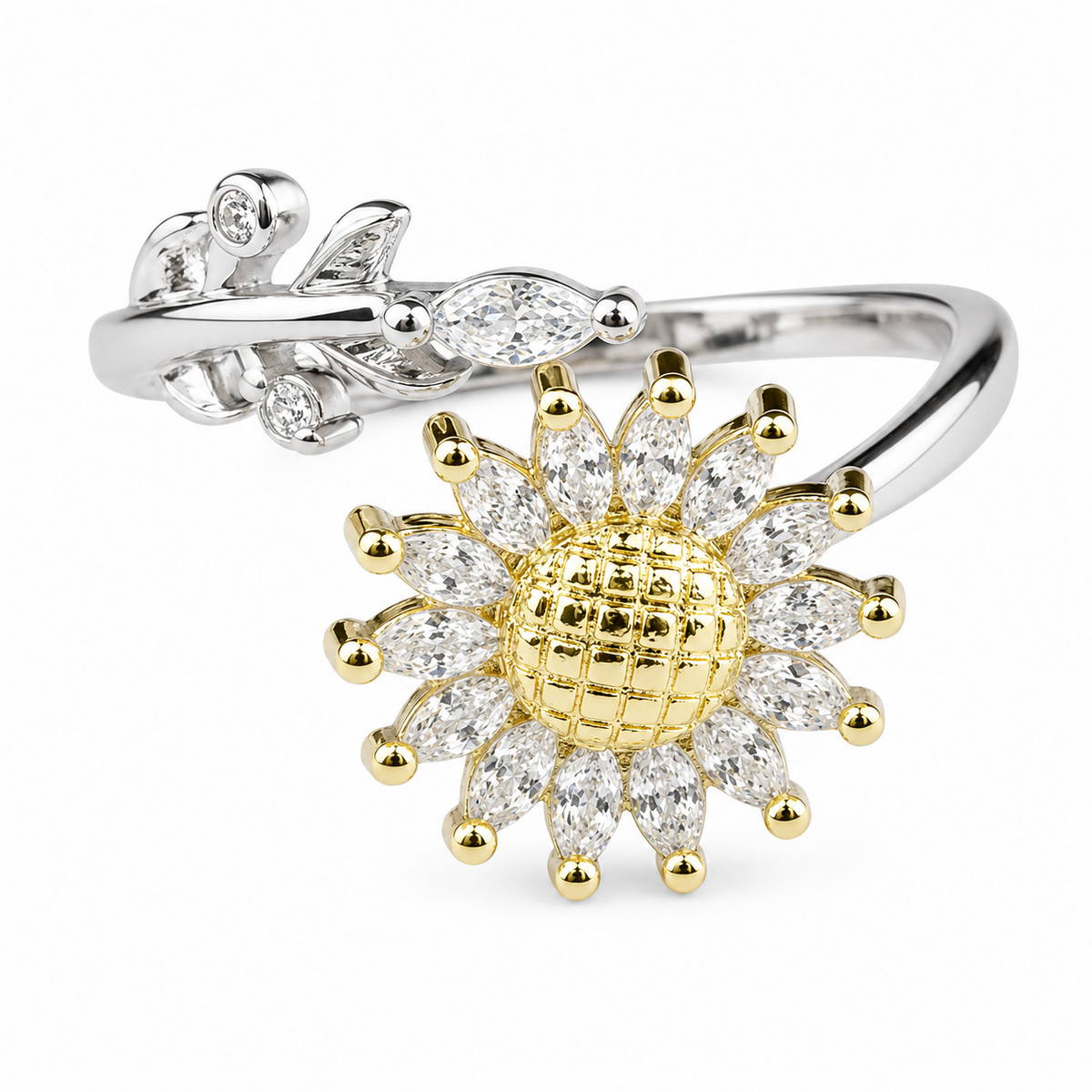 Two Tone Sunflower Ring Adjustable Open Ring with Clear Marquise Stone 1586