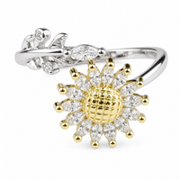 Two Tone Sunflower Ring Adjustable Open Ring with Clear Marquise Stone 1586